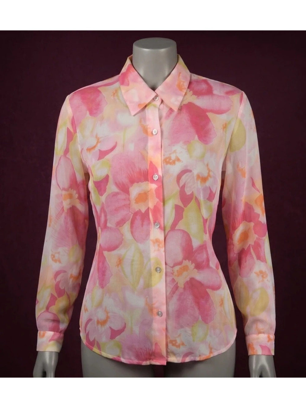 Vintage Jordan Sheer Floral Watercolor Button-Down Blouse Pink Large